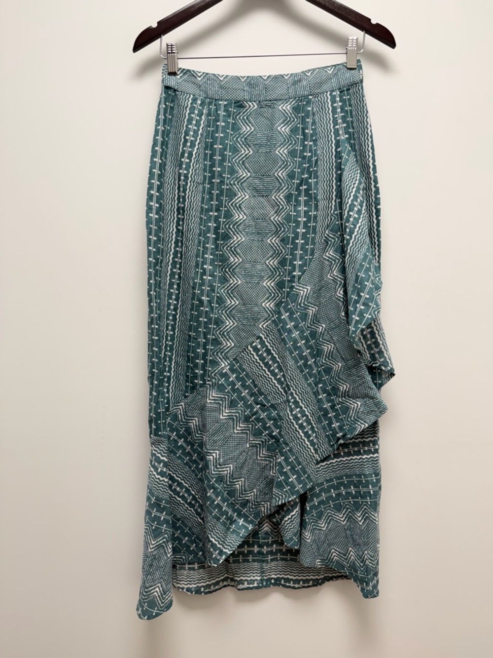 Julia Amory Ruffled Green Geometric Midi Skirt Size X-Small - Picture 2 of 9